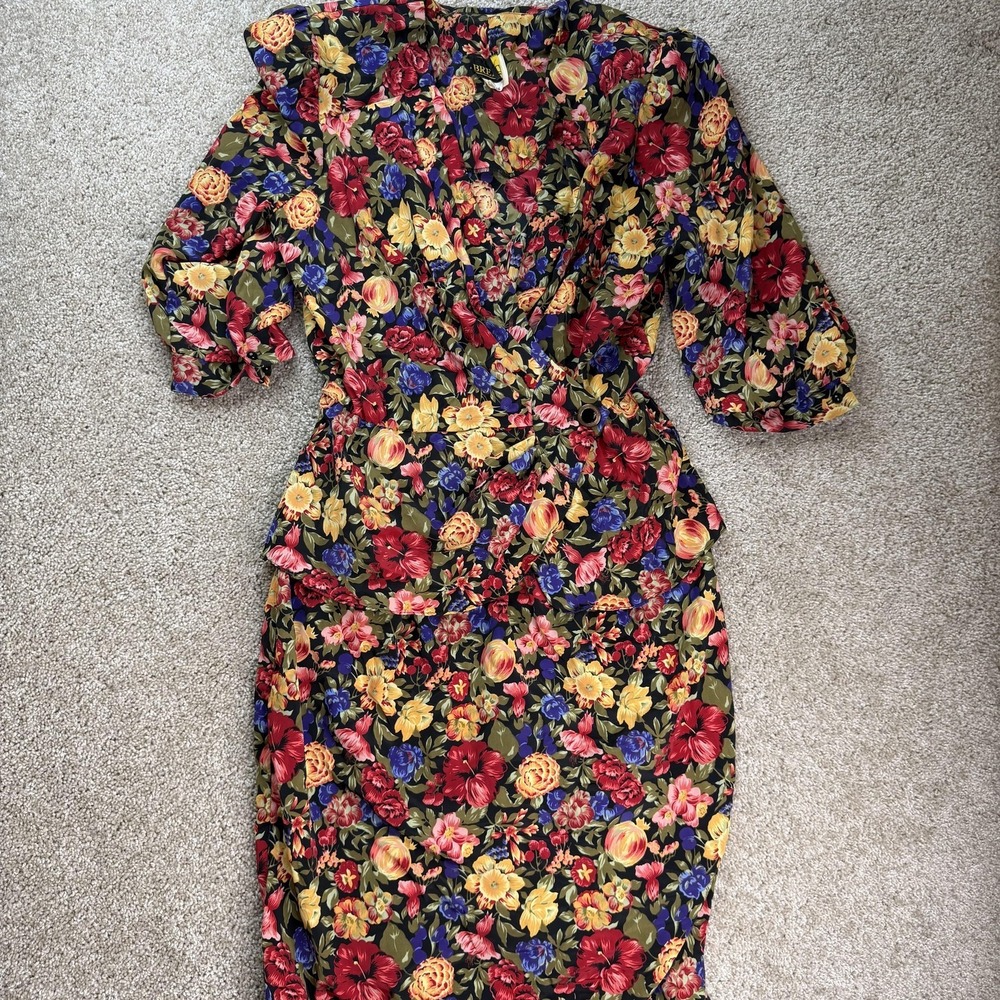 Vintage 80s 90s BRELI II Dress Womens 16 Multicolor Floral Wrap Peplum Midi